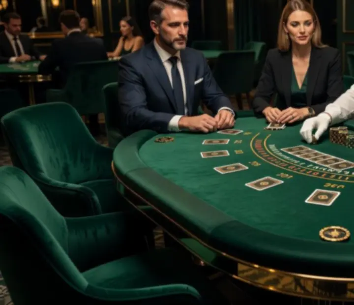 Fényűző blackjack asztalok bársonyszékekkel és modern világítással