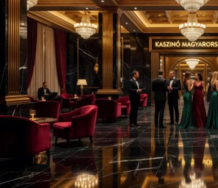 Elegáns, gyengén megvilágított kaszinó foyer arany részletekkel a Casamira Hubban