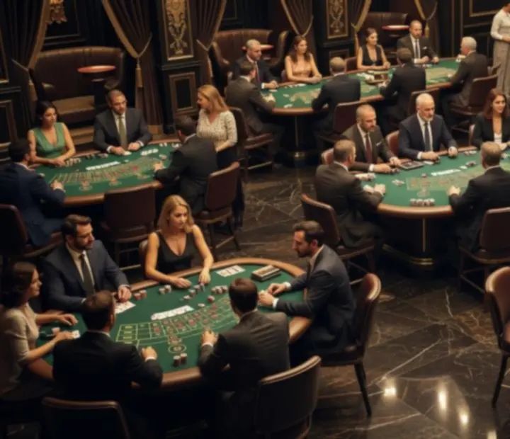 Különböző kaszinó játékterek – pókerszoba, rulett és blackjack asztalok