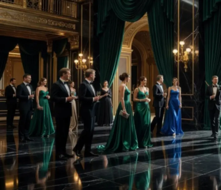 Elegáns, sötét tónusú kaszinóterem elegánsan öltözött vendégekkel és luxus asztalokkal