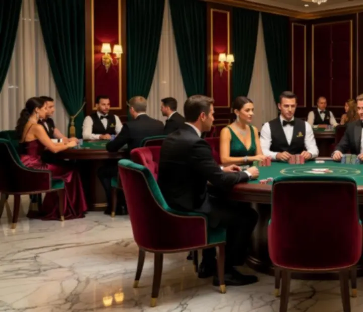 Exkluzív pókerterem elegáns asztalokkal és bársonyszékekkel a Casamira Hubban.